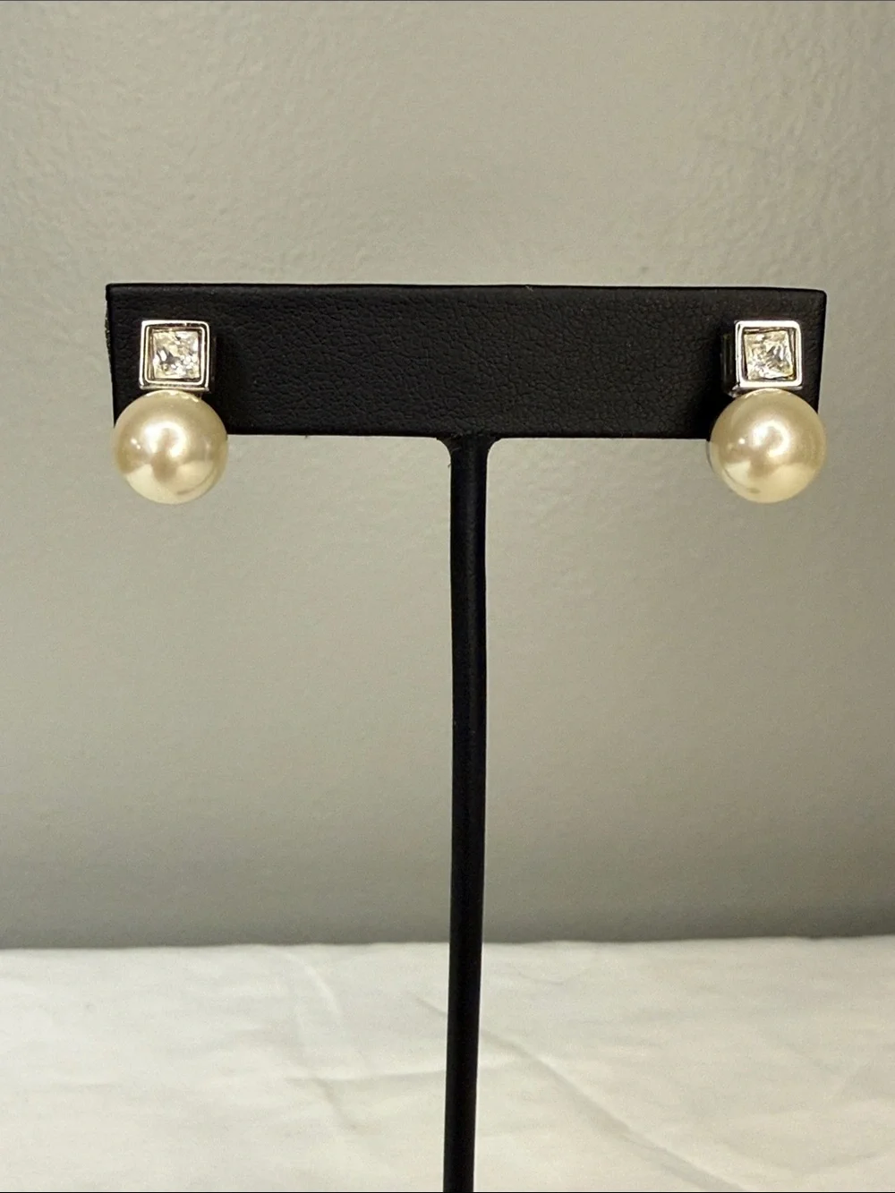Swarovski Faux Pearl & Crystal Stud Drop Earrings Silver Tone